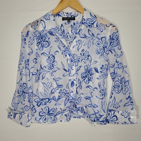 Jones New York Blue and White Flora Button Shirt - Picture 6 of 10